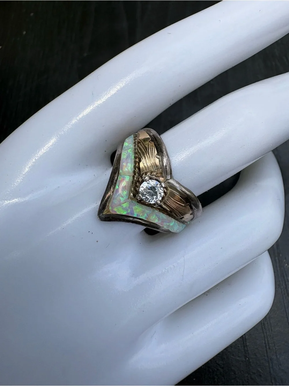 Vintage S. Ray Sterling Silver Ring with Opal and Clear Stone - Size 8.5